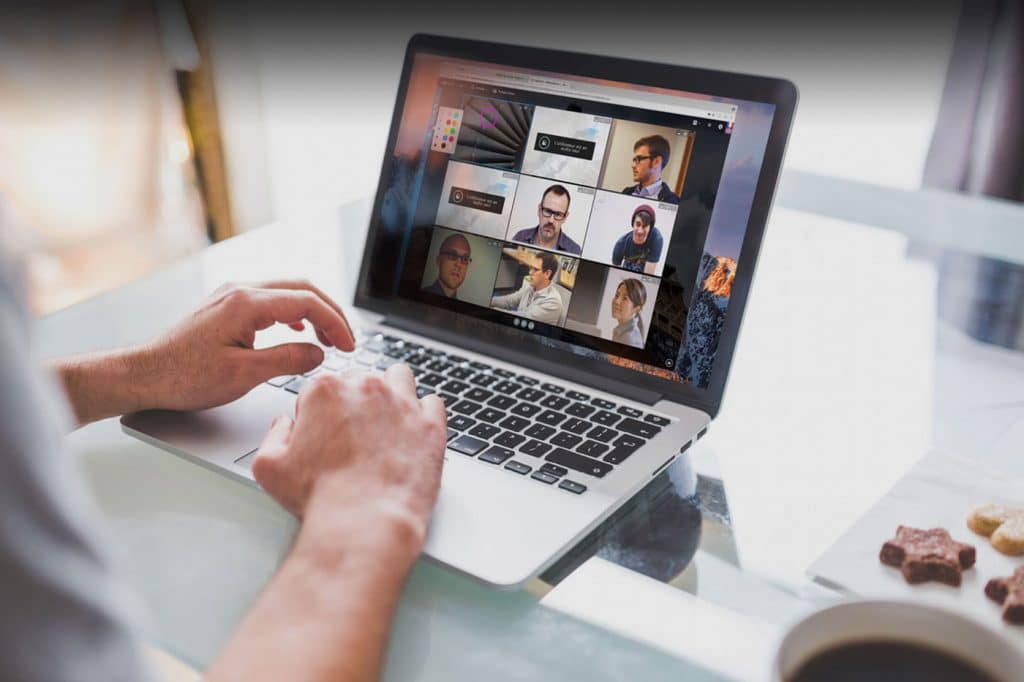 Illustration of a MacBook showcasing how to share your screen on macOS during a video call, featuring the FaceTime interface with options to share your screen or a specific app window.