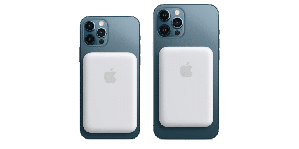 Two blue iPhones are shown facing backwards, each equipped with a white MagSafe battery pack. The phone on the left appears to be an iPhone 12, smaller than the one on the right. Both devices feature the Apple logo on their battery packs.