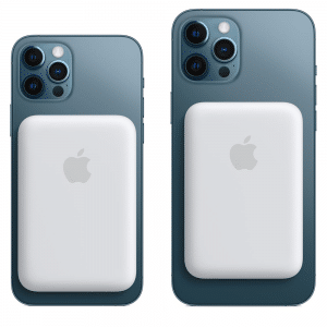 Two blue iPhones are shown facing backwards, each equipped with a white MagSafe battery pack. The phone on the left appears to be an iPhone 12, smaller than the one on the right. Both devices feature the Apple logo on their battery packs.