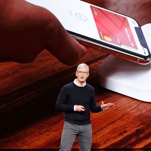 Tim Cook presenting Apple Pay features