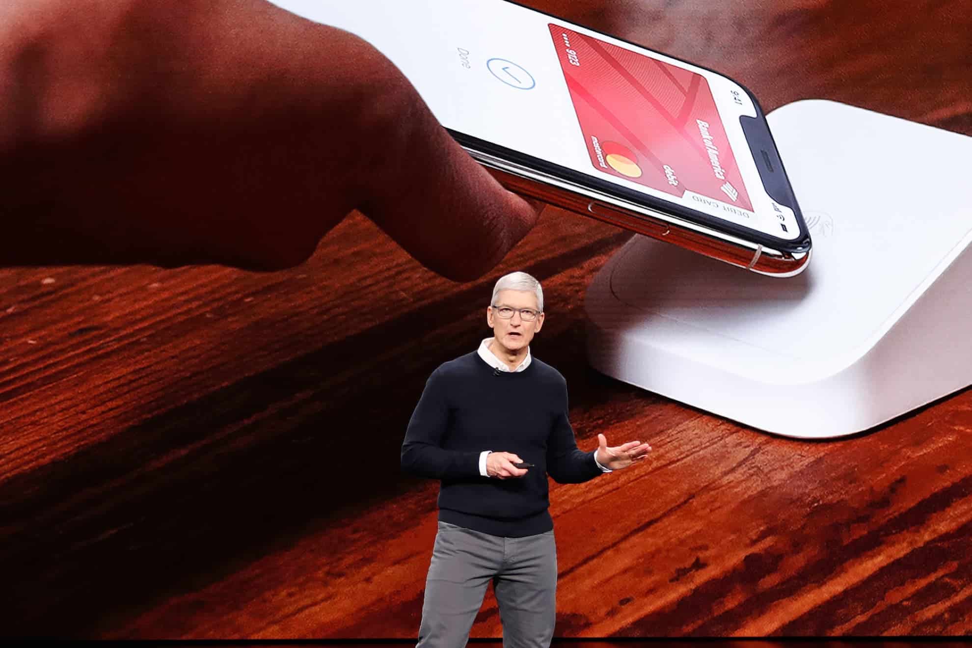 Tim Cook presenting Apple Pay features