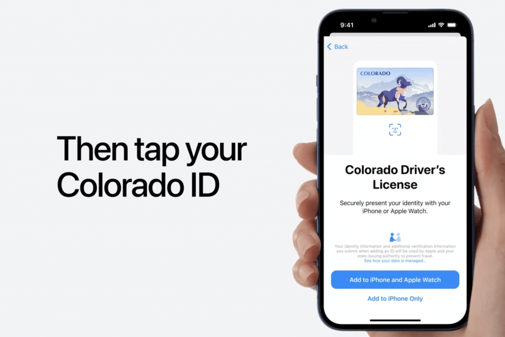 A hand holds an iPhone displaying a Colorado Driver's License on the screen. The text on the left reads, "Then tap your Colorado ID." The phone screen also shows a button for adding the ID to Wallet app, making it convenient for iPhone users and Apple Watch integration.