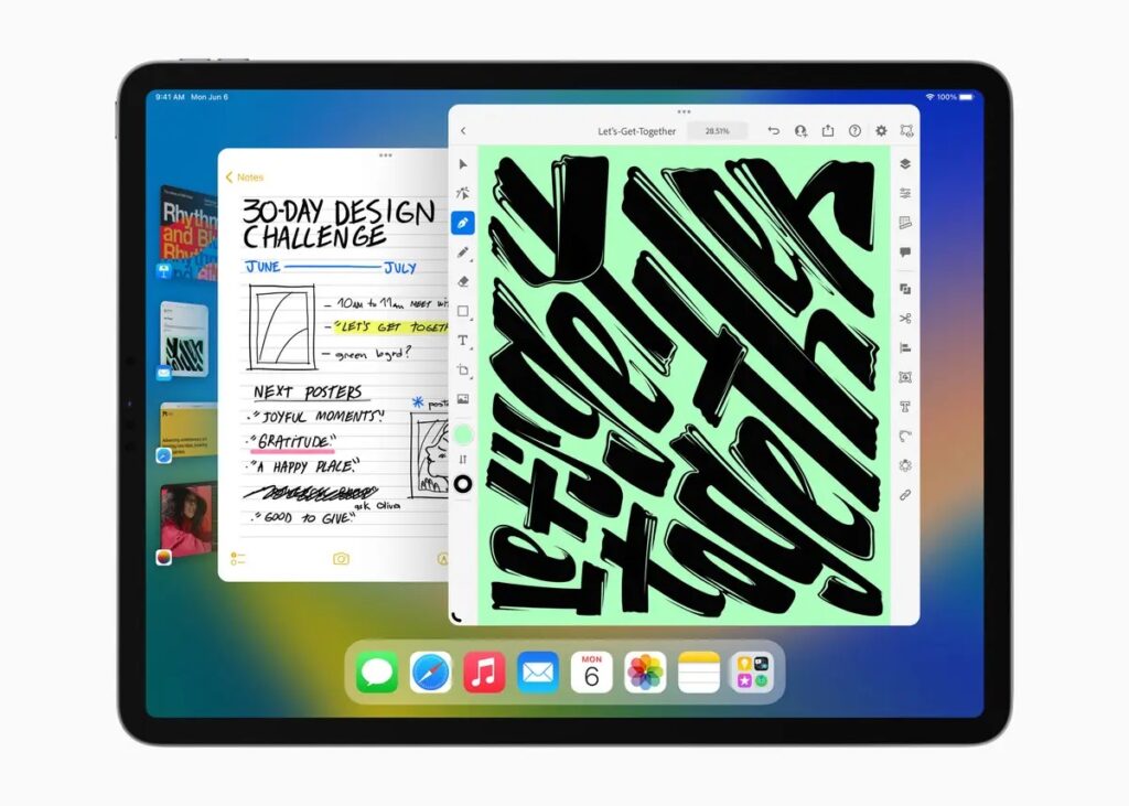 iPad Pro displaying Stage Manager with multiple app windows, including Safari and Notes, arranged in a clean layout with an external monitor in the background.
