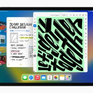iPad Pro displaying Stage Manager with multiple app windows, including Safari and Notes, arranged in a clean layout with an external monitor in the background.
