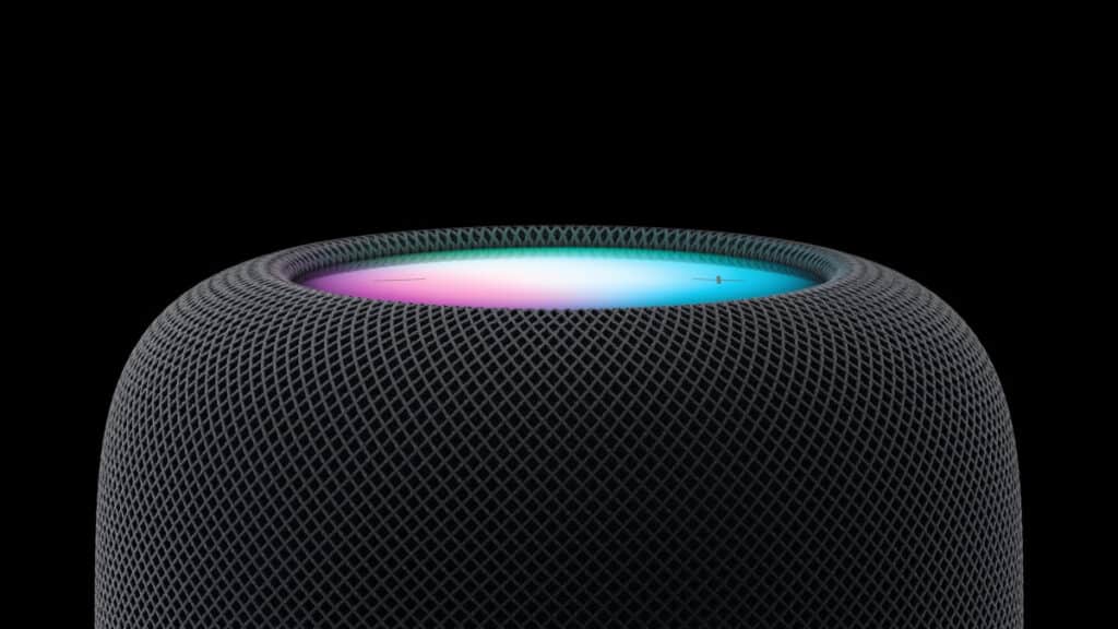 Apple HomePad 2025 7-inch smart display showing homeOS interface on a kitchen counter