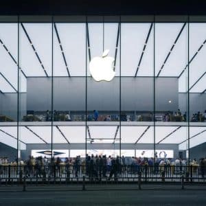 Exterior view of the new Apple Store in Saudi Arabia, showcasing its modern architectural design and innovative retail concept.