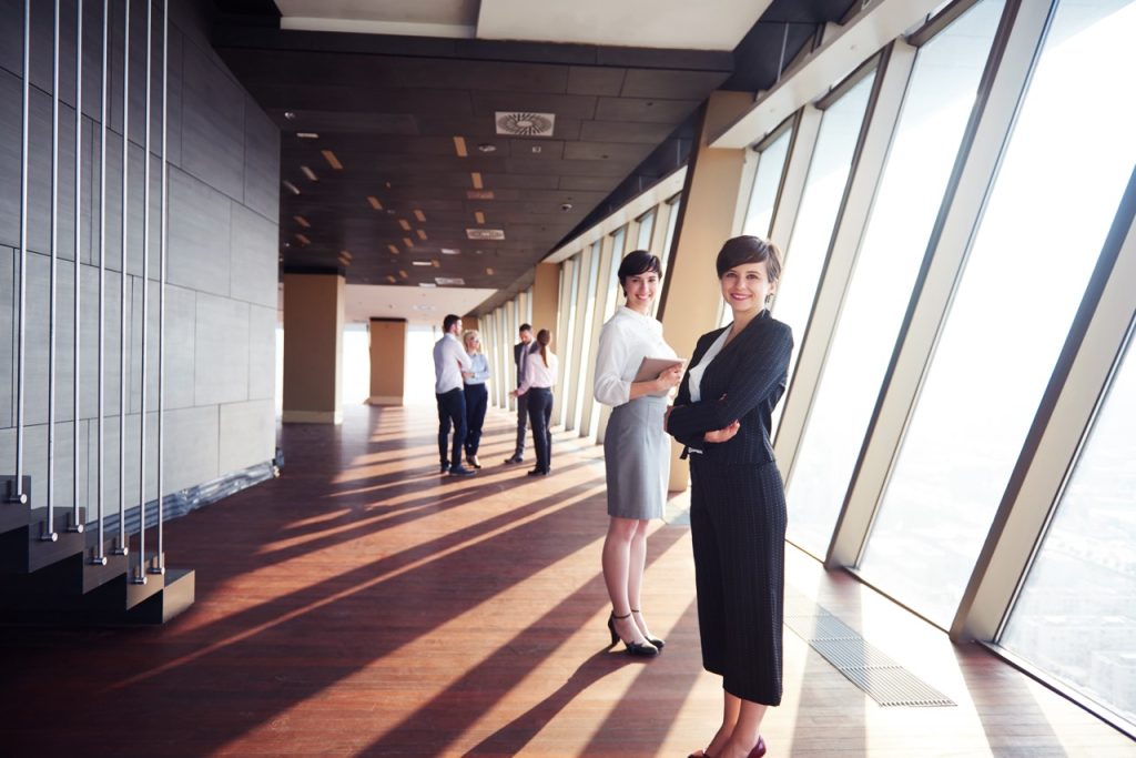 A group of professionals in business attire stand spaced apart in a modern, sunlit office with large windows. Three people are in the foreground, one holding a folder and smiling, while others are in the background engaged in conversation about understanding the purpose of their Special Limited Partnership.