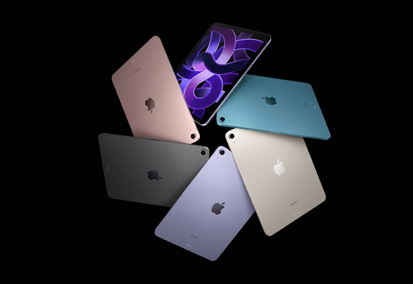 A collection of six Apple iPads is arranged in a circular pattern against a black background, embodying the sleek appeal of major digital gatekeepers. The iPads come in various colors—pink, blue, green, purple, gray, and silver—with one screen at the top displaying a swirling purple abstract design.