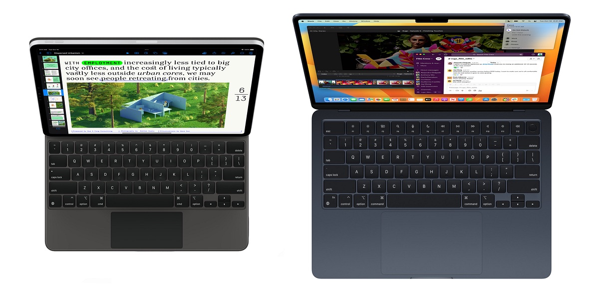 Two open laptops side by side. The left Mac displays a document with text and an image of a house, featuring dark keys and a touch bar. The right laptop shows a desktop within Apple's Ecosystem, including a web browser, messaging app, and a smiling child on the notched display.