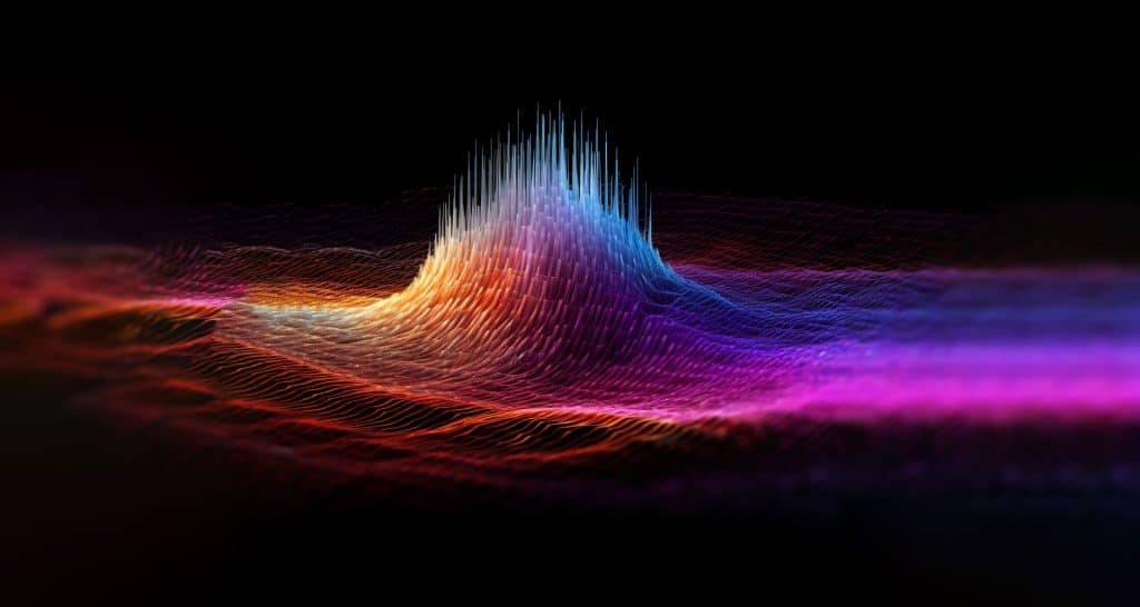 A colorful abstract digital artwork depicting waves and peaks. The central peak, reminiscent of an AI-generated future, transitions from blue at the top to orange towards the base, surrounded by dynamic lines in purple, pink, and red, set against a black background.