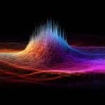 A colorful abstract digital artwork depicting waves and peaks. The central peak, reminiscent of an AI-generated future, transitions from blue at the top to orange towards the base, surrounded by dynamic lines in purple, pink, and red, set against a black background.