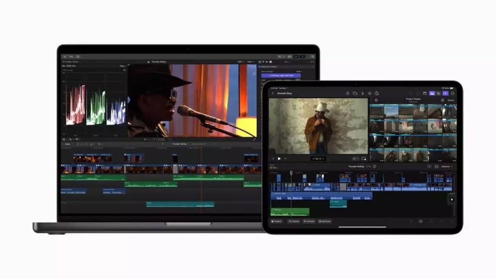 A laptop and an iPad are displaying Final Cut Pro. The laptop screen shows a video timeline and clips, with a singer at a microphone. The iPad screen also showcases a video timeline and multiple clips using the Multicam Feature. Both devices are black with colorful screens.
