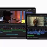 A laptop and an iPad are displaying Final Cut Pro. The laptop screen shows a video timeline and clips, with a singer at a microphone. The iPad screen also showcases a video timeline and multiple clips using the Multicam Feature. Both devices are black with colorful screens.
