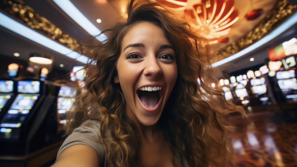 A person with long, wavy hair and an excited expression takes a selfie in what appears to be a social casino. Bright lights and slot machines are visible in the background, creating a fun and energetic atmosphere reminiscent of games you'd find on the Apple App Store.