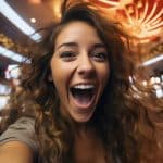 A person with long, wavy hair and an excited expression takes a selfie in what appears to be a social casino. Bright lights and slot machines are visible in the background, creating a fun and energetic atmosphere reminiscent of games you'd find on the Apple App Store.