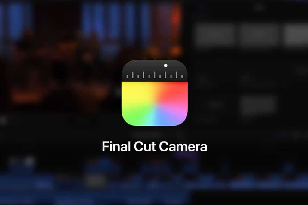 A mobile application icon with a rainbow-colored gradient square and a black ruler-like top, representing "Final Cut Camera." The background is blurred with dark shades and hints of blue and orange, suggesting a video editing interface.