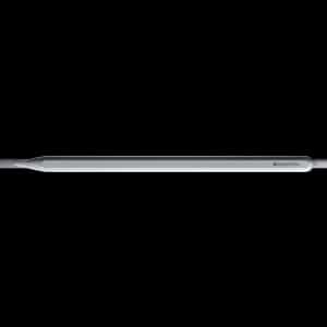 Side profile view of a thin, sleek laptop partially closed against a black background. The keyboard area and screen are both thin, with a slight taper towards the edges. The device appears to be of high-end, minimalistic design.