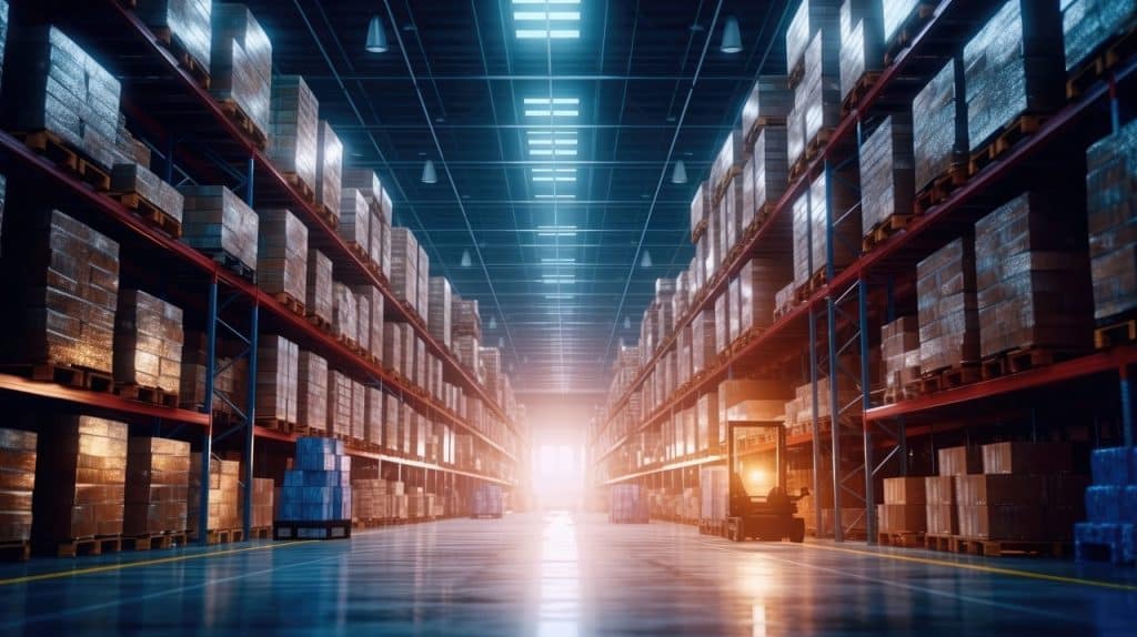 A spacious, well-lit warehouse with tall shelves fully stocked with various boxes and containers. A forklift is visible in the distance, moving between the aisles as sunlight filters through the windows, illuminating the organized rows. Custom software helps optimize operations efficiently.