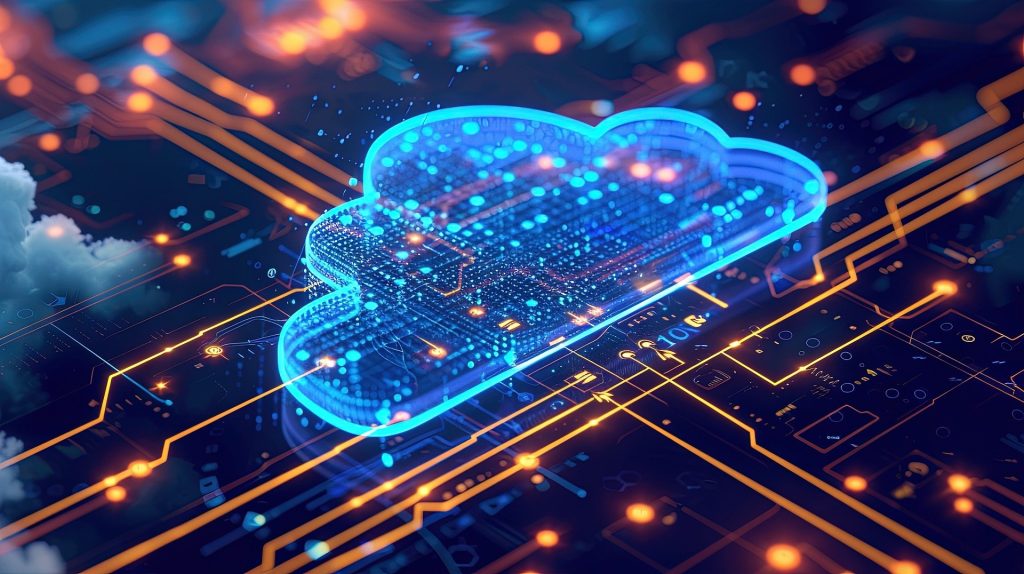 A glowing blue cloud icon is superimposed on a digital circuit board background, symbolizing private cloud computing and technology. Orange lines and nodes indicate data flow, creating a dynamic and futuristic network visualization that elevates your data management strategy.