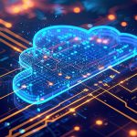 A glowing blue cloud icon is superimposed on a digital circuit board background, symbolizing private cloud computing and technology. Orange lines and nodes indicate data flow, creating a dynamic and futuristic network visualization that elevates your data management strategy.