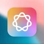 A colorful gradient background transitions from blue to pink, featuring a white icon of a stylized molecule or network with interconnected loops in the center. The Apple Magazine logo is placed in the bottom right corner, hinting at insights on the upcoming iPhone Supercycle and advancements in Apple AI.