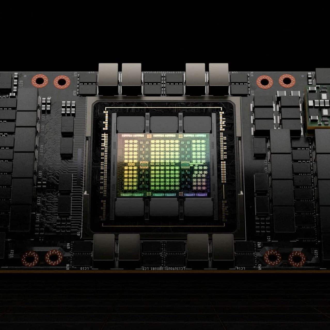Close-up of a computer GPU (graphics processing unit) against a black background. The Nvidia GPU boasts a complex array of circuits, capacitors, and a central chip with intricate details and a slight gradient of colors.