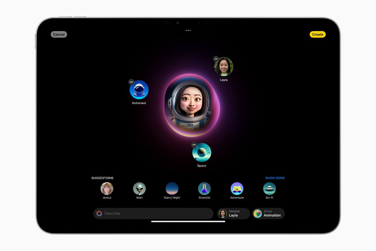 An iPad screen displays a user interface for creating a memoji. The center shows a memoji of a person in an astronaut suit. Around it are various customization options and icons, including suggestions like "Astronaut," "Space," and "Scientist.