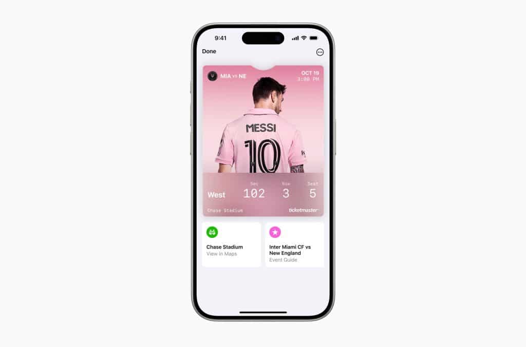 A smartphone screen displaying a sports event interface. The main image features a player with the name "MESSI" and the number "10" on a pink jersey. Information includes a match between Miami and New England on October 19, time 7:30 PM, with additional details below.