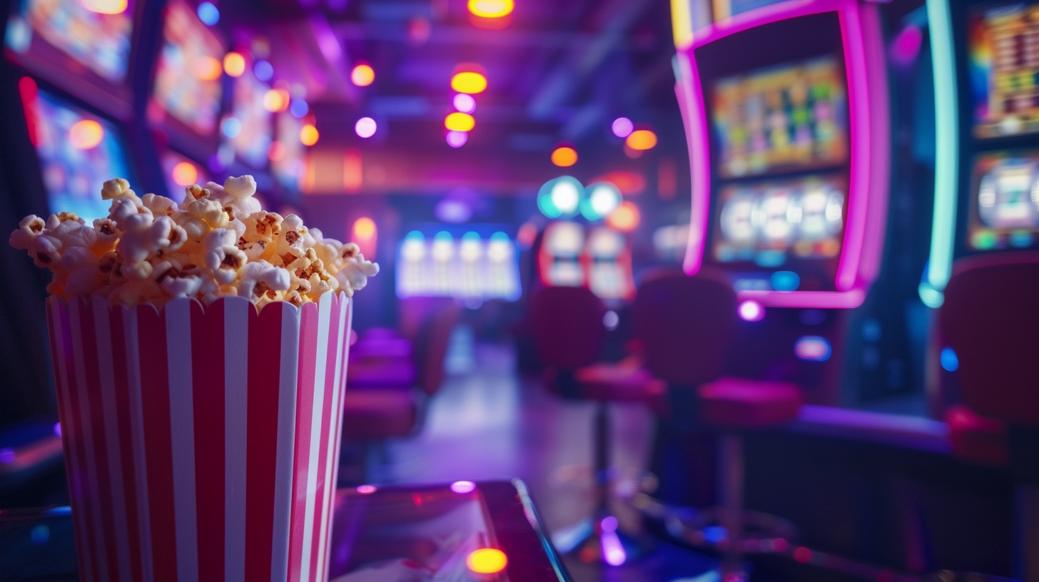 A red-and-white striped popcorn container is in the foreground, set on a glass table. The background features a vibrant home slot setup with colorful, dimly lit decor and neon lights, creating a lively atmosphere reminiscent of an arcade or casino— perfect for trying out new tips and tricks.