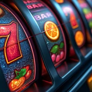 A close-up view of colorful slot machine reels with illuminated icons, including a red number 7, cherries, an orange slice, and a BAR symbol. The vibrant colors and bright lights suggest an energetic and exciting atmosphere in a casino setting—perfect inspiration for your home slot setup.