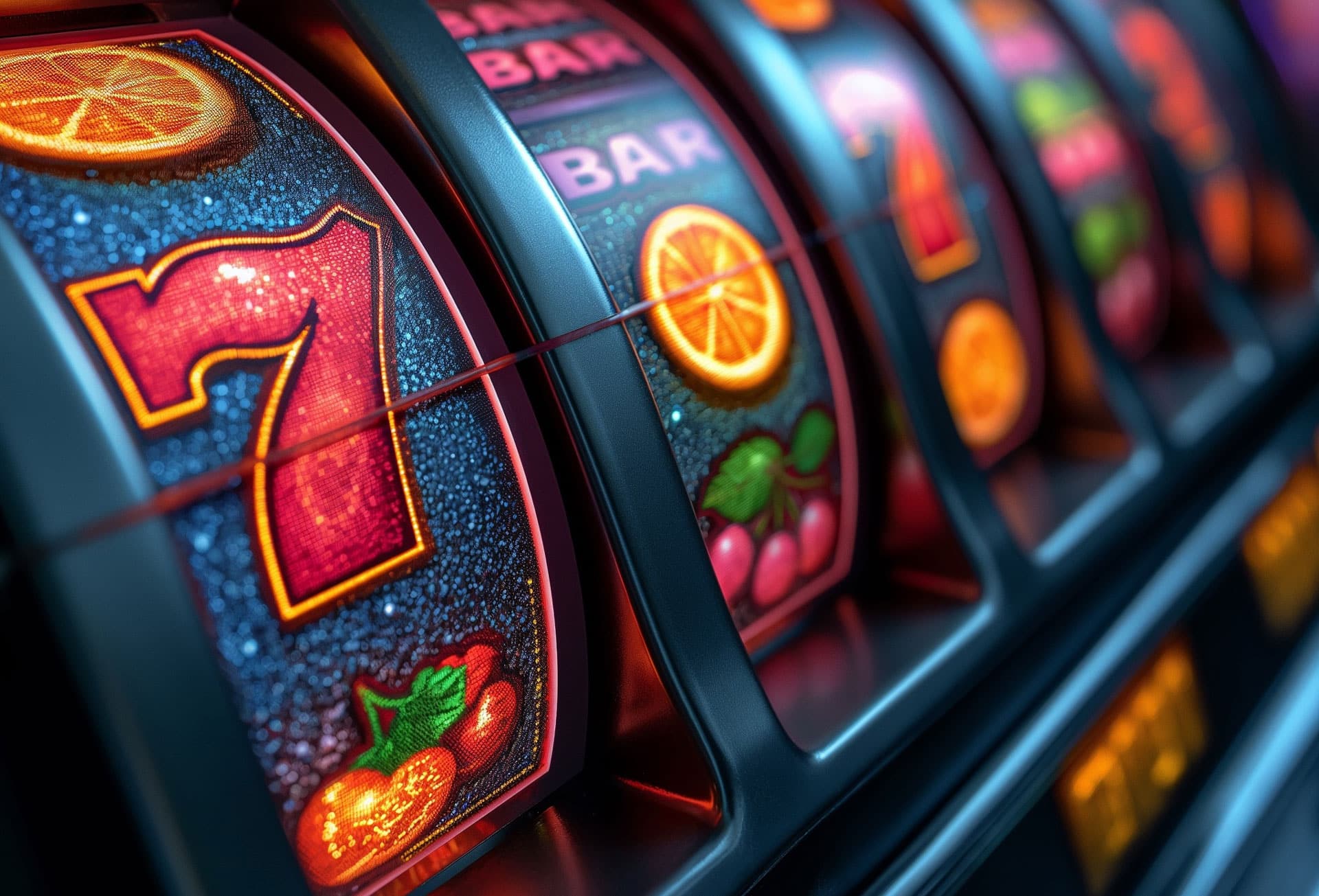 A close-up view of colorful slot machine reels with illuminated icons, including a red number 7, cherries, an orange slice, and a BAR symbol. The vibrant colors and bright lights suggest an energetic and exciting atmosphere in a casino setting—perfect inspiration for your home slot setup.