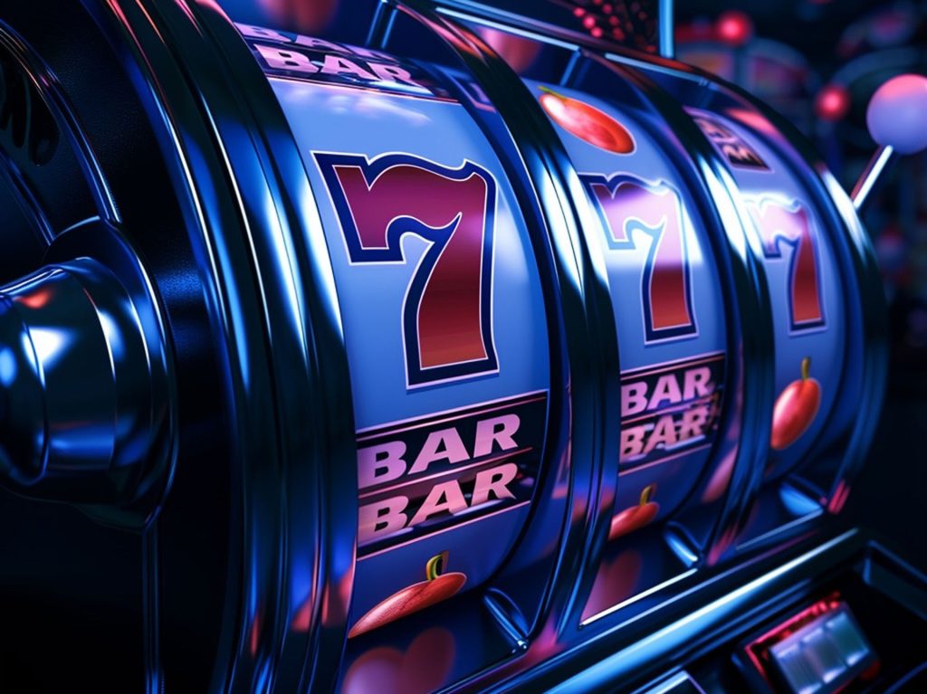 A close-up of a slot machine with three reels showing the number 7 and the word "BAR". The image is brightly lit with vibrant colors, highlighting an ultimate winning combination in a cozy home slot setup.