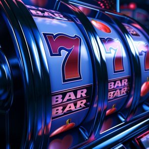 A close-up of a slot machine with three reels showing the number 7 and the word "BAR". The image is brightly lit with vibrant colors, highlighting an ultimate winning combination in a cozy home slot setup.