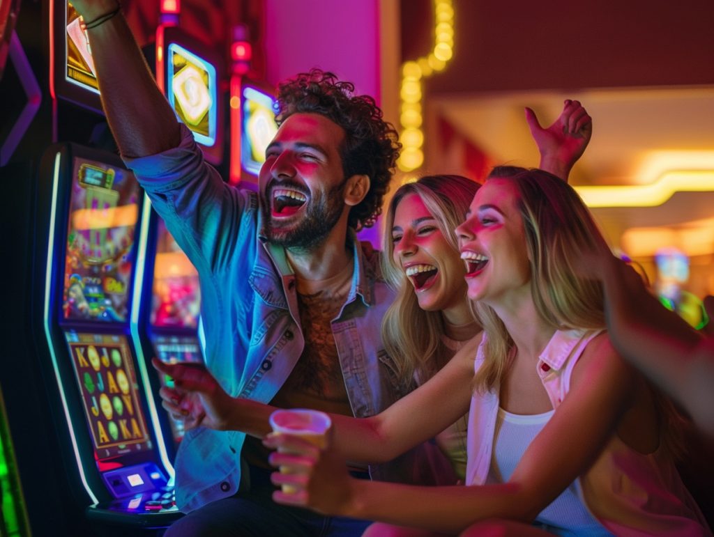 Three people are happily playing slot machines in a vibrant and colorful casino. They are celebrating with raised arms and wide smiles, enjoying the bright lights and excitement around them. One person holds a cup, adding to the party atmosphere, as if following an ultimate guide to fun.