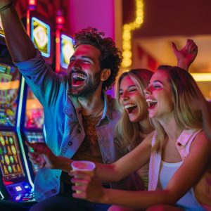 Three people are happily playing slot machines in a vibrant and colorful casino. They are celebrating with raised arms and wide smiles, enjoying the bright lights and excitement around them. One person holds a cup, adding to the party atmosphere, as if following an ultimate guide to fun.