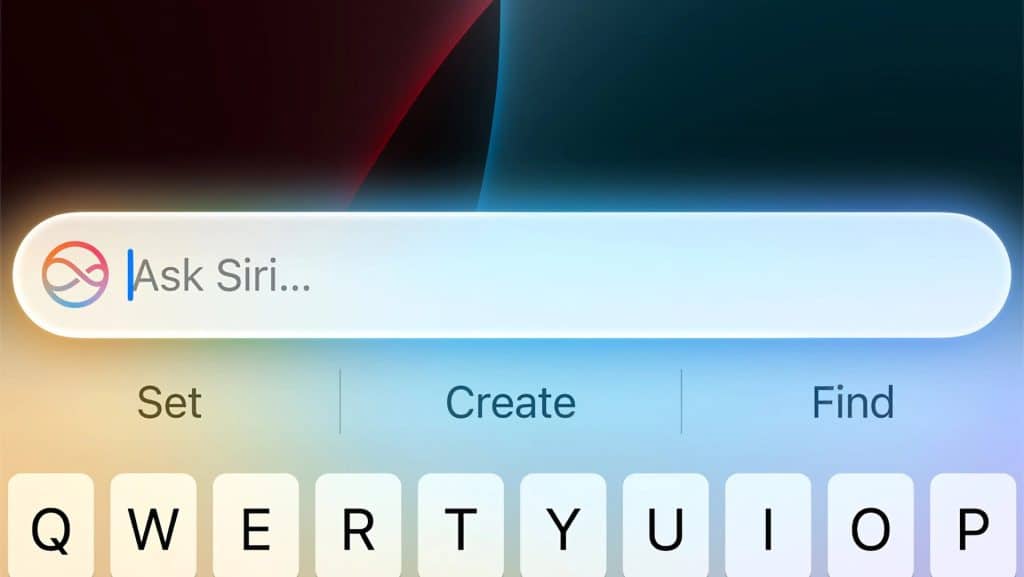 A screenshot of an iOS device interface displays the Siri search bar at the top with the prompt "Ask Siri...". Below the search bar are three options: "Set", "Create," and "Find". The virtual keyboard with alphabetic keys is visible at the bottom, showcasing Apple's commitment to AI Privacy Measures.