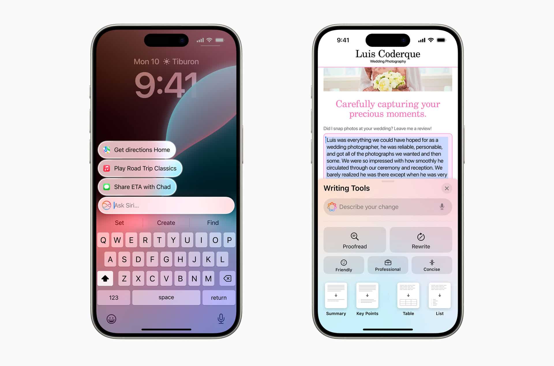 Two smartphones are shown side by side. The screen on the left displays a Siri interface with options like "Get directions home," "Play Road Trip Classics," and "Share ETA with Chad." The screen on the right shows a writing app with options like "Proofread," "Rewrite," and "Casual.