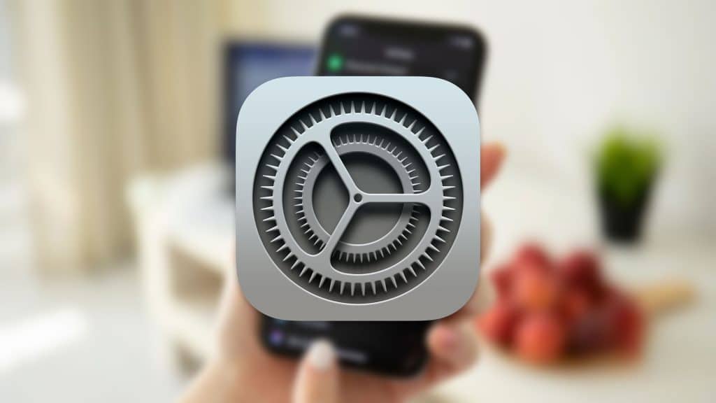 A hand is holding a smartphone with a blurred background. Overlaid in the center of the image is a large app icon for "Settings," featuring a grey gear symbol, reminiscent of the sleek design found in iOS 18. The background includes a table with red apples and some greenery.