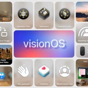 A collage showcasing features of VisionOS 2. Central text reads "visionOS" on a gradient background. Surrounding icons depict: spatial photos, Boda Bora, multiview TV, travel mode, new gestures, HealthKit, Keyboard Visibility, Home View Enhancements, volumetric APIs, and more tech innovations for immersive experiences.