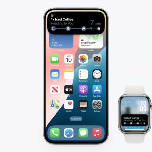 An iPhone with various apps displayed on the home screen is next to an Apple Watch running watchOS 11 with a white band showing the time. Both devices display a Live Activity notification about an iced coffee order heading your way. The background is white.