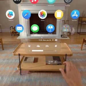 A person is using an augmented reality headset in a living room with wooden furniture and a patterned rug. The Apple Intelligence AR interface displays various app icons like Mail, Photos, and App Store floating in the air before them.