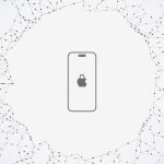 Illustration of a smartphone with a lock icon and an apple logo on the screen, centrally placed on a light background. The edges of the image feature a circular pattern of interconnected dots and lines, resembling a network or web, symbolizing Apple Intelligence within its products.