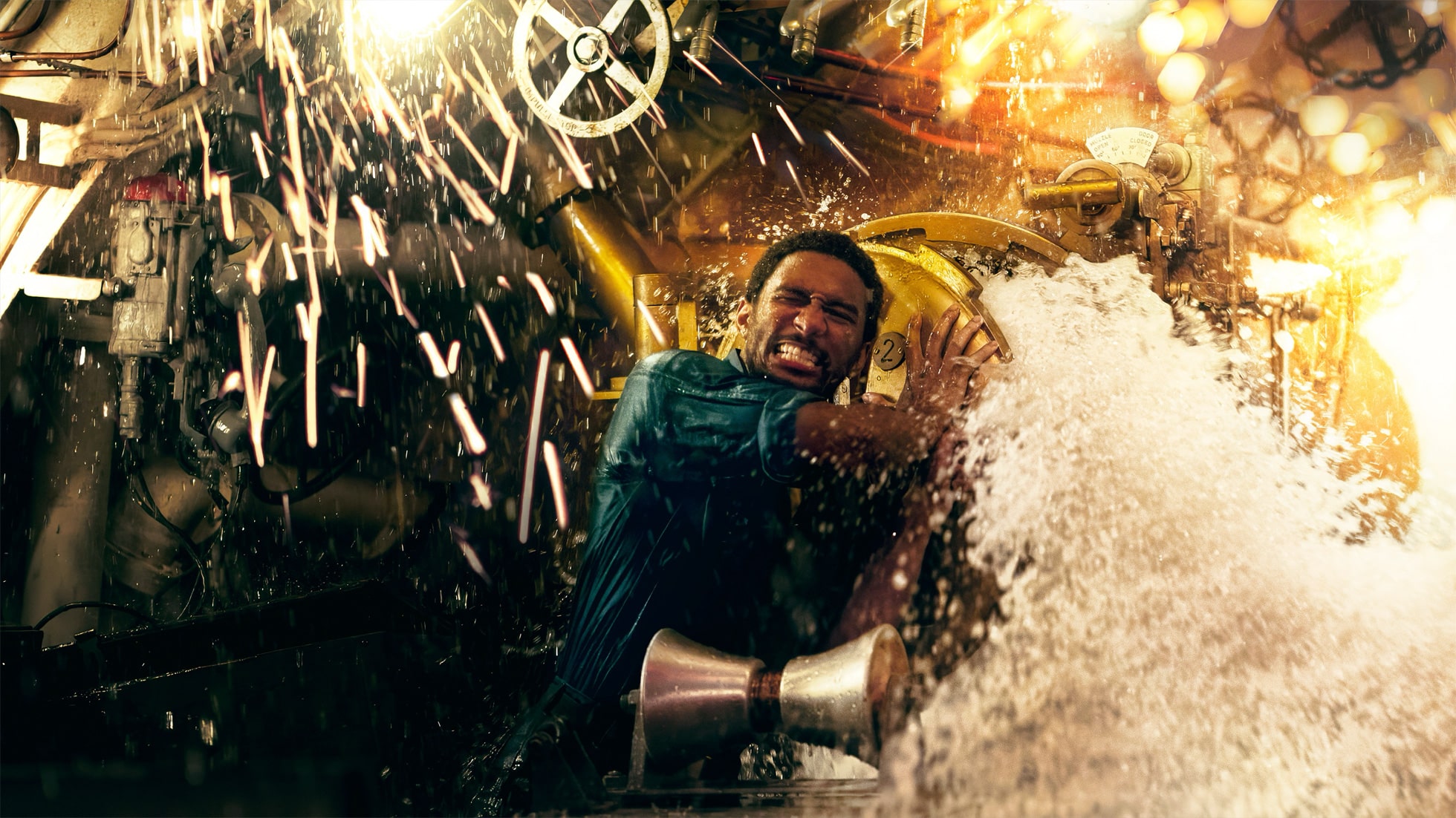 A man in a blue shirt struggles to control a metallic valve as water gushes out forcefully in an industrial setting. Sparks fly around and machinery is visible in the background, creating a dramatic and intense scene—perfect for capturing with an Apple Vision Pro Headset to create immersive video content.