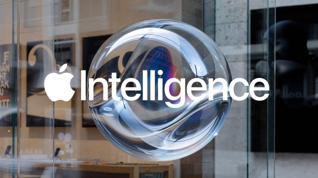 A large, silver, metallic sphere with reflective surfaces is displayed with the Apple logo and the word "Intelligence" overlaid on it. The sphere, hinting at a satisfying gaming experience on iPhones, appears indoors against a glass wall and blurred background elements.