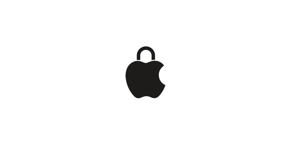 A black apple icon with a lock integrated at the top center of the apple outline on a white background. This image symbolizes built-in security features or protection related to Apple products and services.