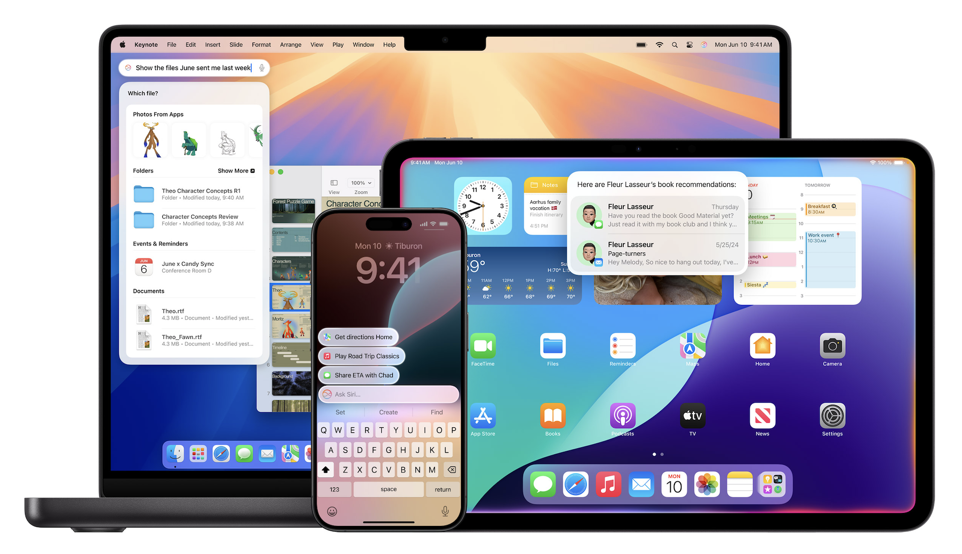 A MacBook, iPad, iPhone, and Apple Watch are displayed together, showcasing the latest Apple operating systems. The devices show various features like popular iPhone apps, widgets, notifications, and messages, emphasizing continuity and integration across Apple's ecosystem.