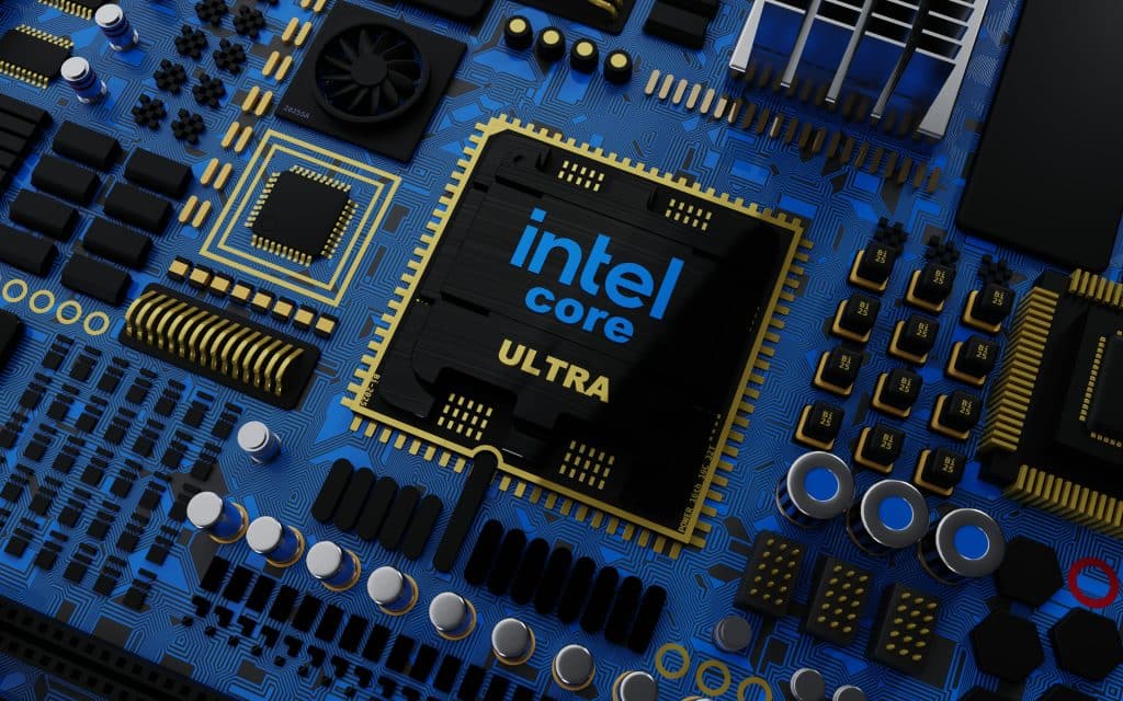 Close-up of a blue motherboard featuring a black and gold Intel Core Ultra processor chip at the center. Various electronic components, including capacitors and connectors, are arranged around it, showcasing intricate circuit details amid headlines of Intel job cuts affecting thousands.