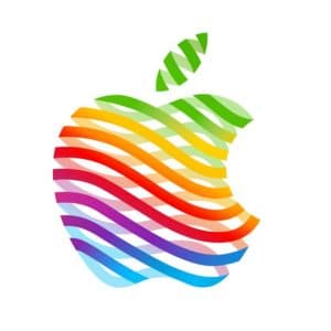 Apple Warranty Check A vibrant, multicolored version of the Apple logo featuring wavy, horizontal stripes in red, orange, yellow, green, blue, and purple against a white background evokes the innovation found in Apple's products like Face ID and the Mail App.