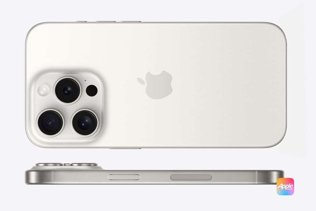 The image shows the front and side views of the Apple iPhone 15 Pro in a silver finish. The phone features three rear cameras and an Apple logo on the back. It is placed over a light background with a small multicolored Apple logo in the lower right corner, emphasizing its elegance despite potential Sim failure.