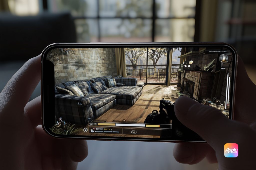 A person holds a smartphone horizontally, displaying a video game that features an in-game view of a living room with a plaid sofa, wooden coffee table, fireplace, and large window. An Apple logo is visible in the bottom right corner of the image, highlighting one of Germany's popular iPhone apps.